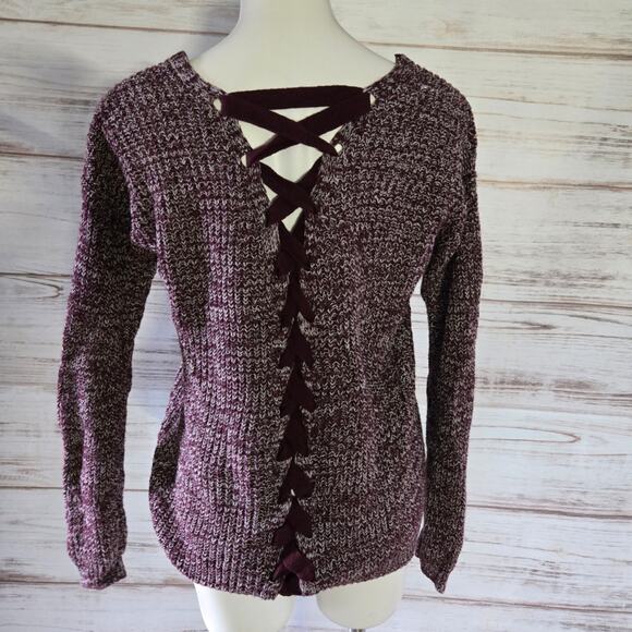 So Marled Purple Lace up Back V Neck Sweater sz Small - Picture 1 of 5